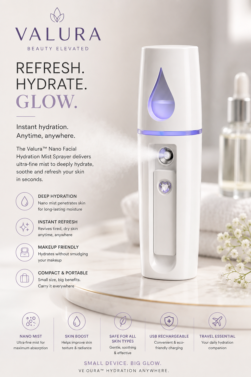 A Valura instant hydration mist spray device in white with a purple LED glow, shown on a light marble surface with a bottle and flowers. The left side features marketing text and icons describing the product's benefits.