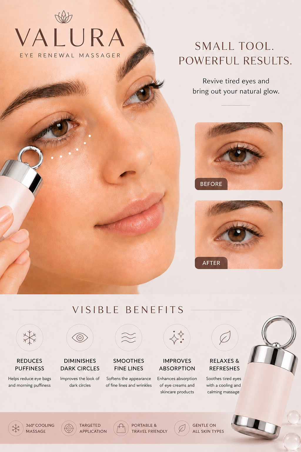 A promotional graphic for the Valura Eye Renewal Masager. The left side features a close-up of a woman's face with the silver and white device applied to her under-eye area, showing small treatment dots.