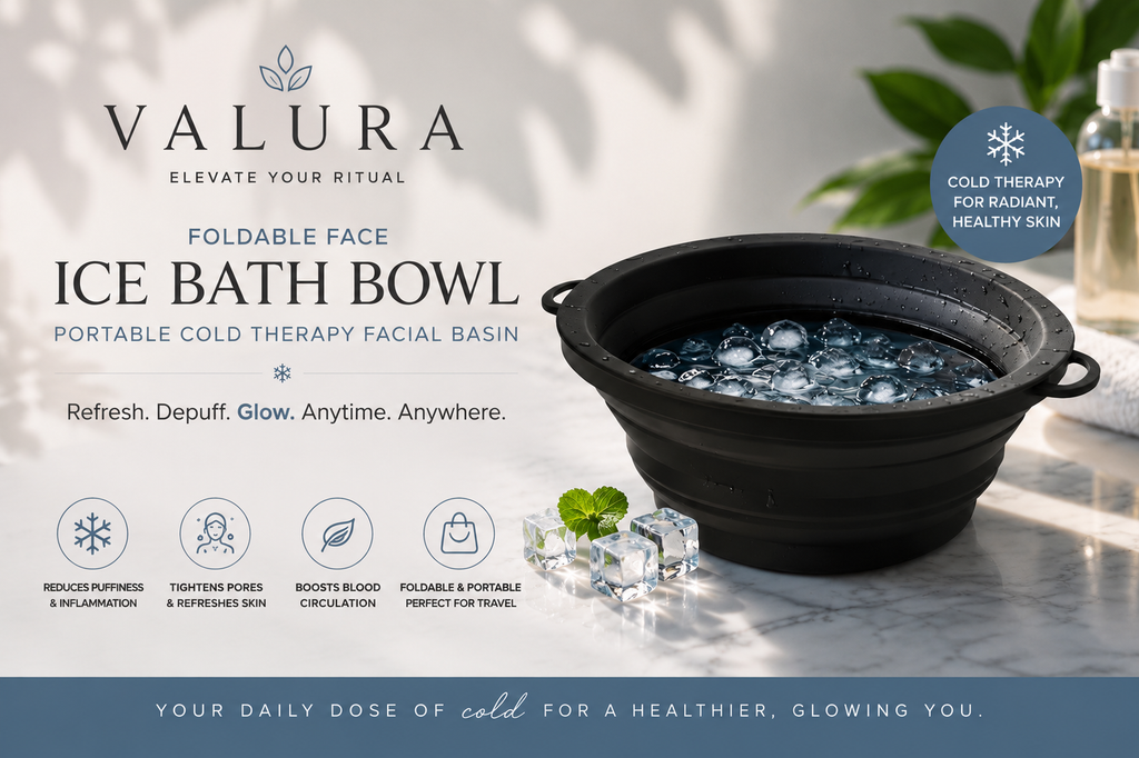 A Valura brand foldable face ice bath bowl filled with water and ice cubes, shown on a marble surface with promotional text and icons on a white background.