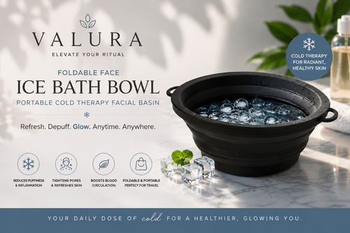 A Valura brand foldable face ice bath bowl filled with water and ice cubes, shown on a marble surface with promotional text and icons on a white background.