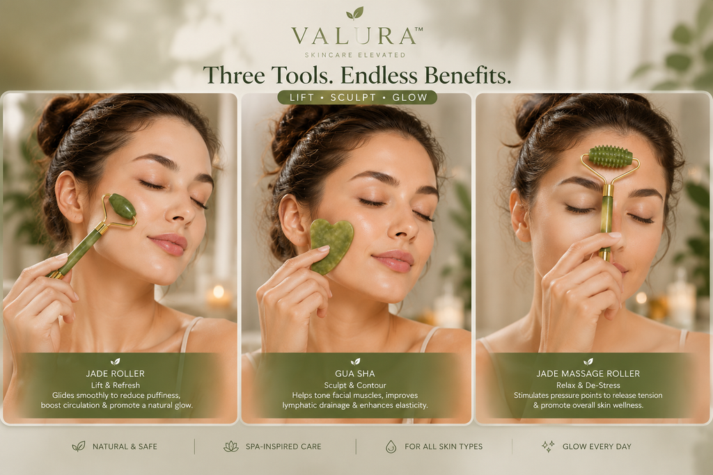 A promotional banner for Valura skincare showing three panels of a woman using different green jade facial tools: a jade roller, gua sha, and jade massage roller. The Valura brand logo is visible at the top, and descriptive text is displayed below each panel.