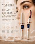 Valura Luxura heated lash curler advertisement featuring two white and rose gold lash curlers with digital screens, alongside a close-up of a woman's face and promotional text.