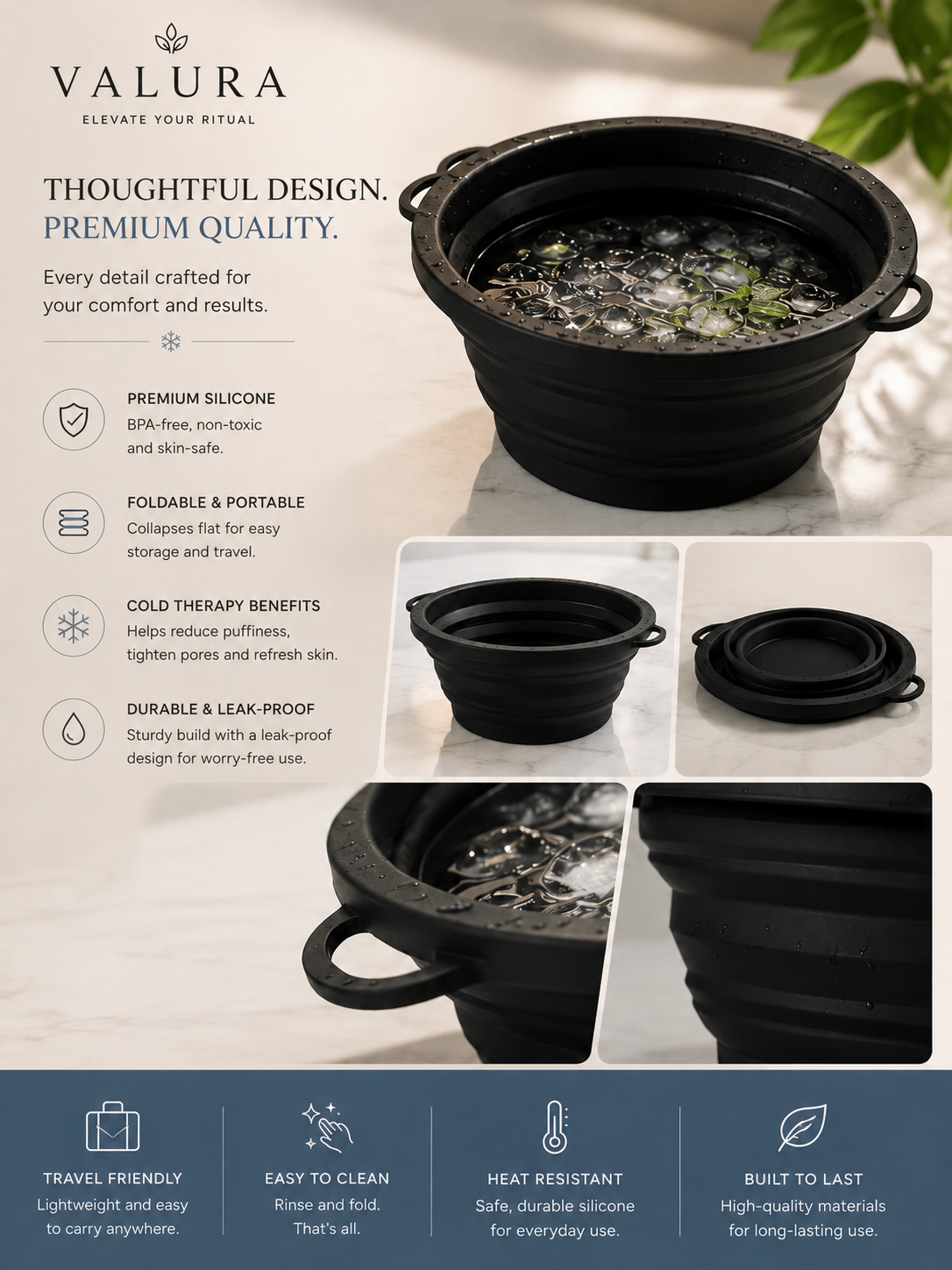 A promotional collage for a black silicone collapsible pot with handles, shown in multiple views on a light background with text callouts about premium design, portability, cold therapy benefits, and leak-proof durability. The brand name VALUURA appears at the top.