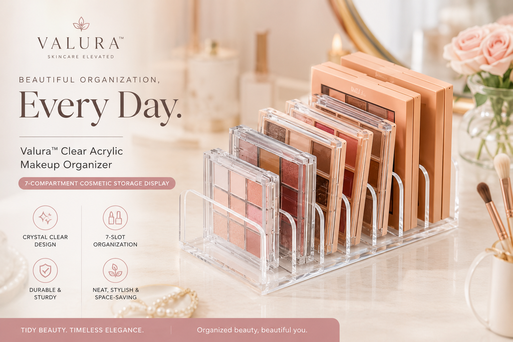 Valura Clear Acrylic Makeup Organizer holding multiple makeup palettes on a vanity table, with promotional text and icons on the left side.