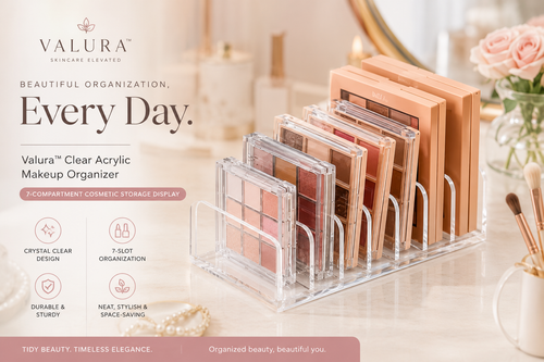 Valura Clear Acrylic Makeup Organizer holding multiple makeup palettes on a vanity table, with promotional text and icons on the left side.