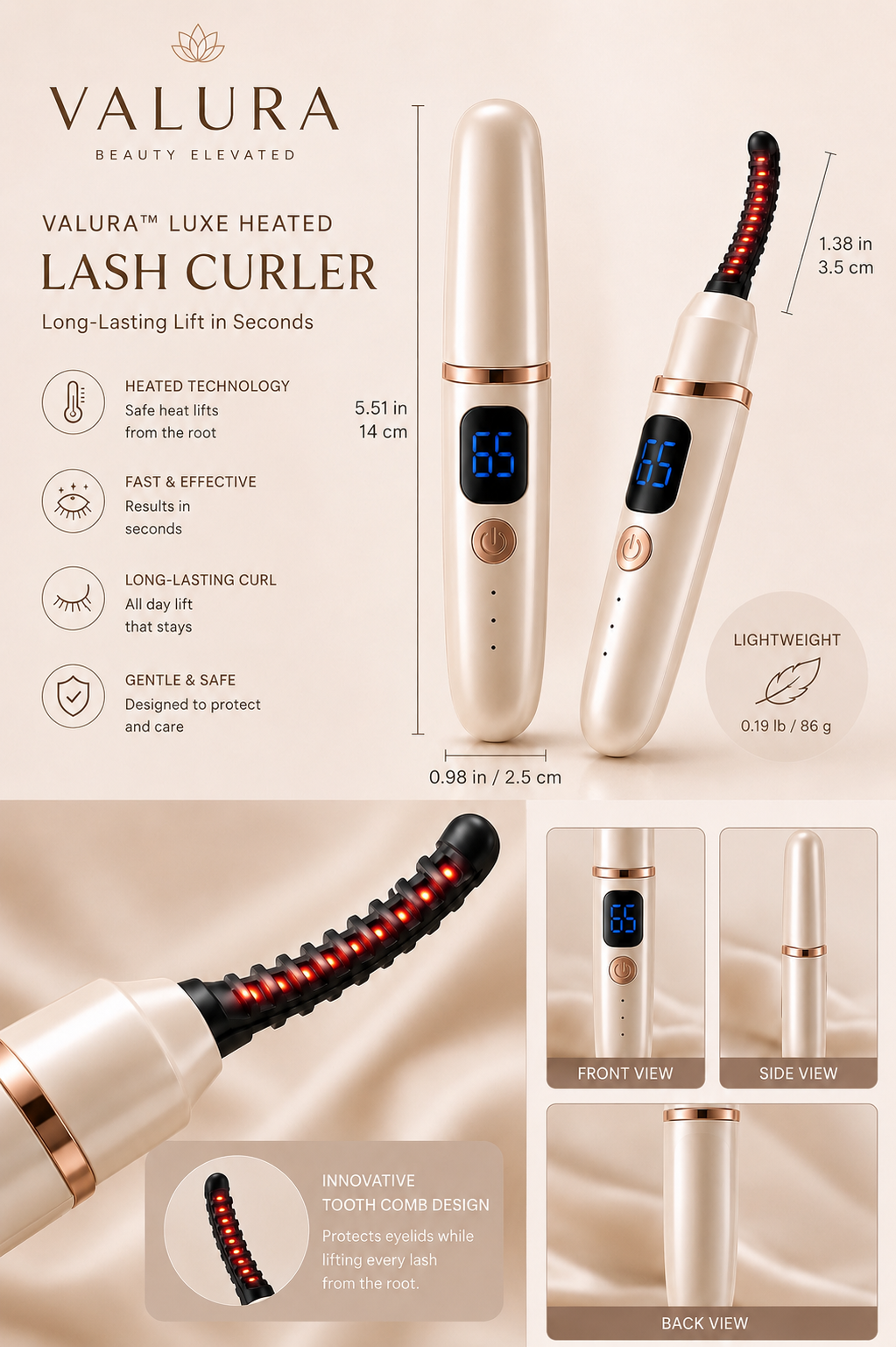 A promotional collage for the Valura Luxe Heated Lash Curler, showing the handheld lash curler in a champagne gold color with a black and red heated lash tip, alongside text callouts, dimensions, and multiple close-up views of the device and lash tip.