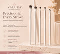 Valura Precision Eye makeup brush set with five white-handled brushes standing upright on a textured stone slab against a warm beige background. The left side features product text and feature callouts for ultra-soft bristles, precise application, premium quality, and essential set value.