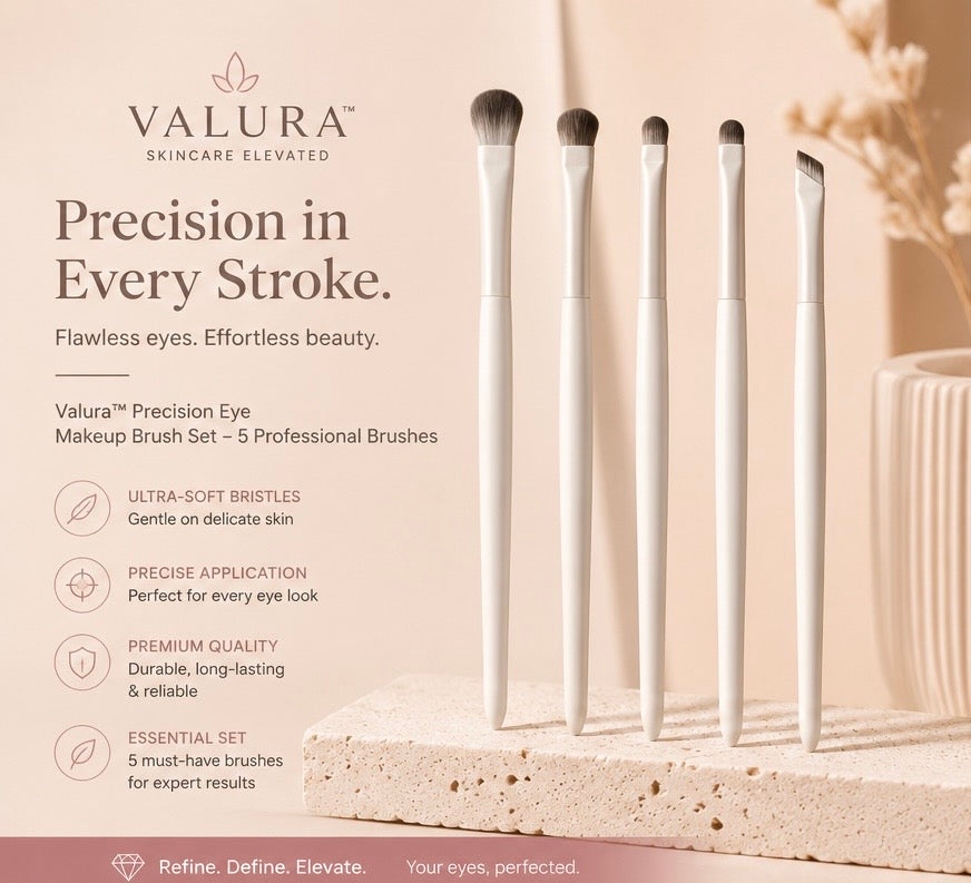 Valura Precision Eye makeup brush set with five white-handled brushes standing upright on a textured stone slab against a warm beige background. The left side features product text and feature callouts for ultra-soft bristles, precise application, premium quality, and essential set value.
