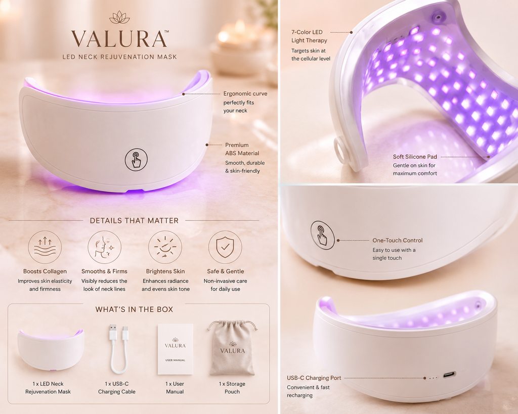 A collage-style product listing graphic for the Valura LED neck reactivation mask. It shows the white curved mask with purple LED light glowing inside from multiple angles, plus callout labels explaining features and a bottom section showing included accessories: a small box, mask, USB-C charging cable, and manual.