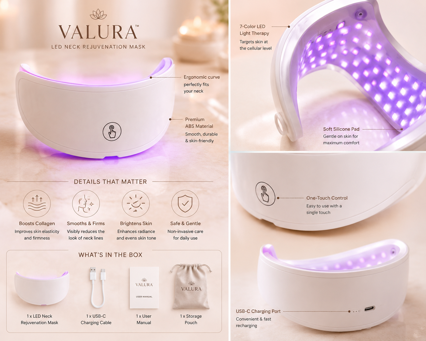 A collage-style product listing graphic for the Valura LED neck reactivation mask. It shows the white curved mask with purple LED light glowing inside from multiple angles, plus callout labels explaining features and a bottom section showing included accessories: a small box, mask, USB-C charging cable, and manual.