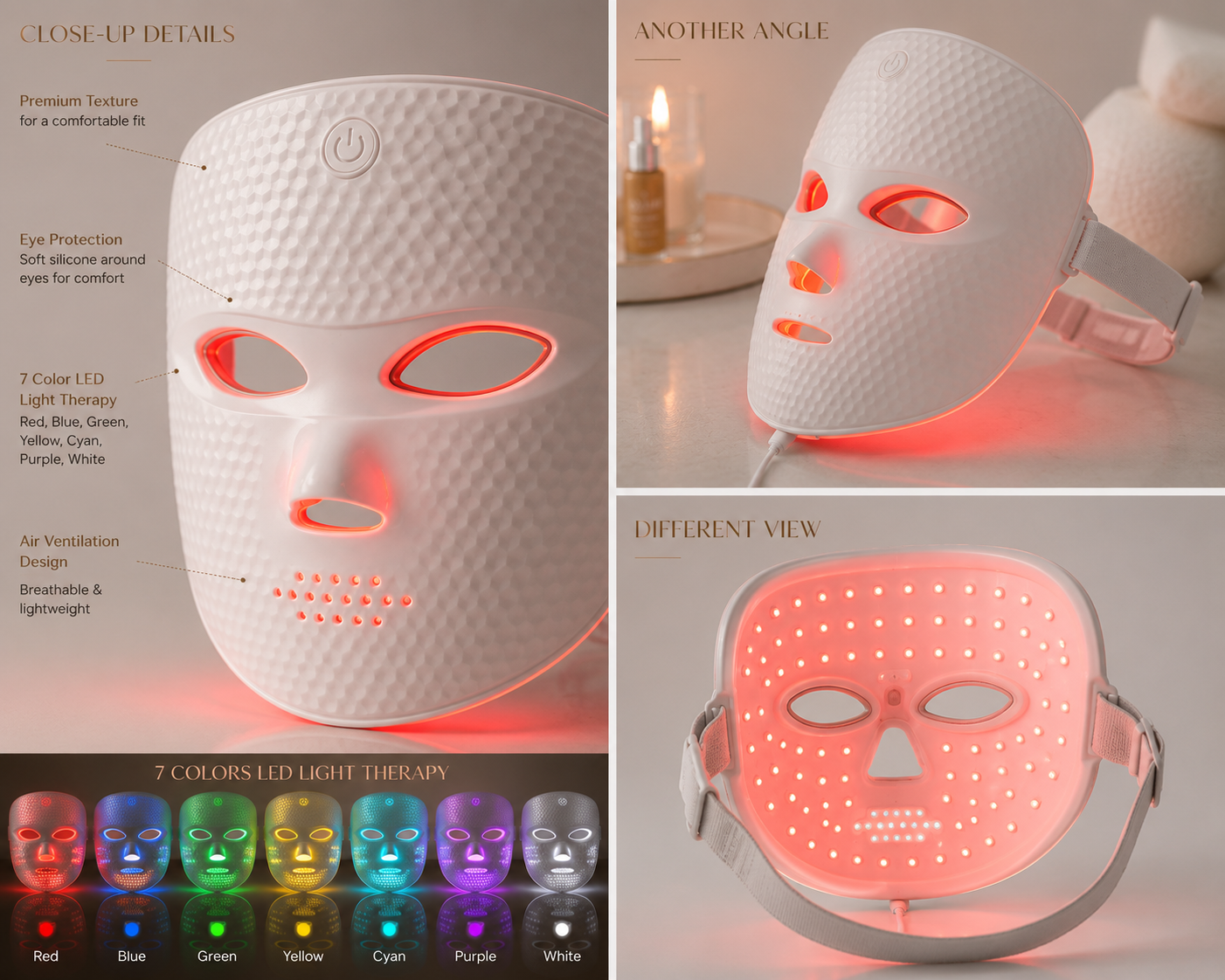 A 7-color LED light therapy face mask shown in a three-panel collage. The left panel features a close-up with text callouts detailing its features (premium texture, eye protection, 7 color LED light therapy, air ventilation design) and a row of color indicator lights at the bottom.