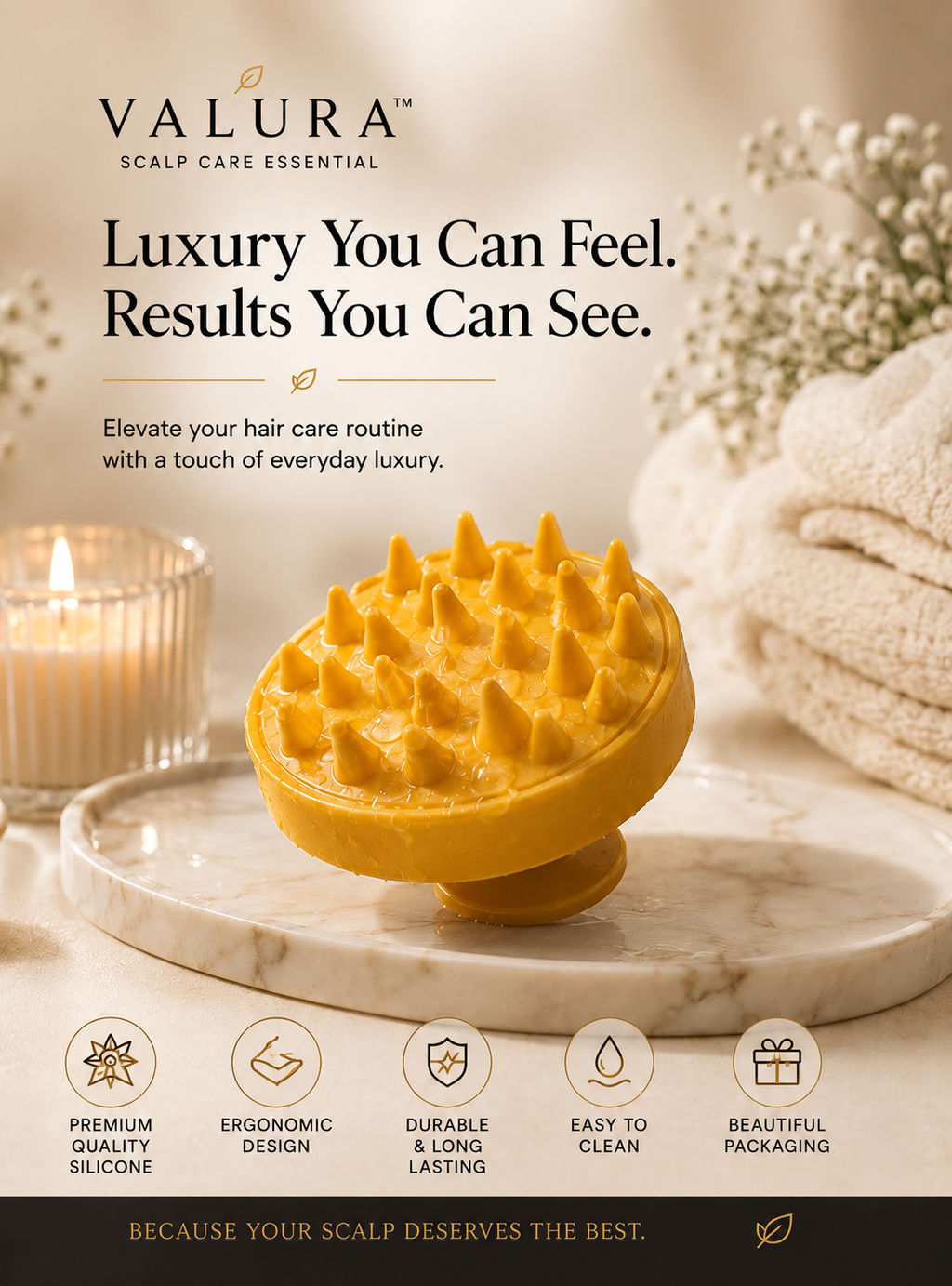 A yellow silicone scalp massager with textured nubs displayed on a marble tray, surrounded by spa-themed props including a lit candle, folded towels, and baby's breath. The image features branding for 'VALURA SCALP CARE ESSENTIAL' and highlights key product features at the bottom.