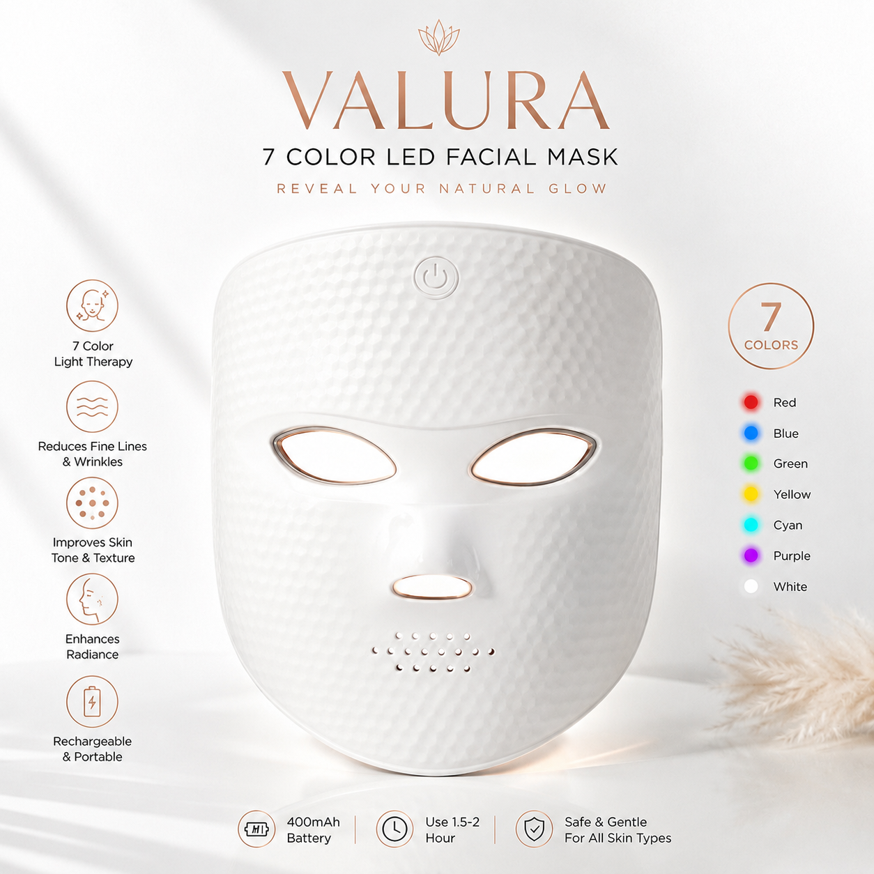 A white Valura 7-color LED facial mask centered on a soft white background with product text, icons, and a color legend. The Valura brand name is prominently displayed at the top, and the mask features cutouts for the eyes, nose, and mouth.