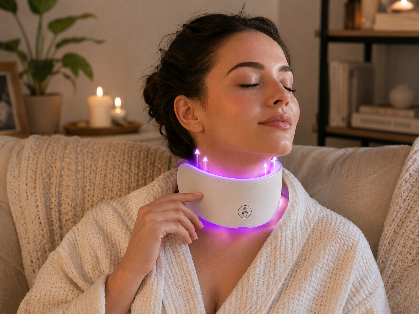 A woman wearing a white neck collar with glowing purple LED lights sits on a beige couch in a cozy living room setting.