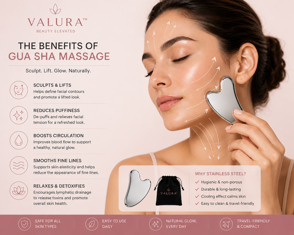 An informational beauty ad for Valura Beauty Elevated Gua Sha massage tools, featuring a woman holding a stainless steel heart-shaped Gua Sha tool. The left side lists benefits of Gua Sha massage, and the bottom right shows the black fabric pouch with a Valura logo.
