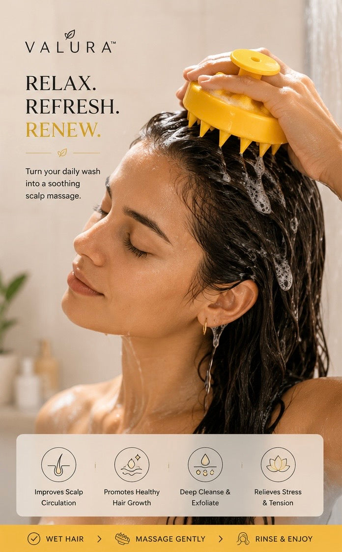 A woman with wet hair receives a yellow Valura scalp massage while washing her hair in a shower. The image features the Valura brand logo and text, along with four benefit icons at the bottom.