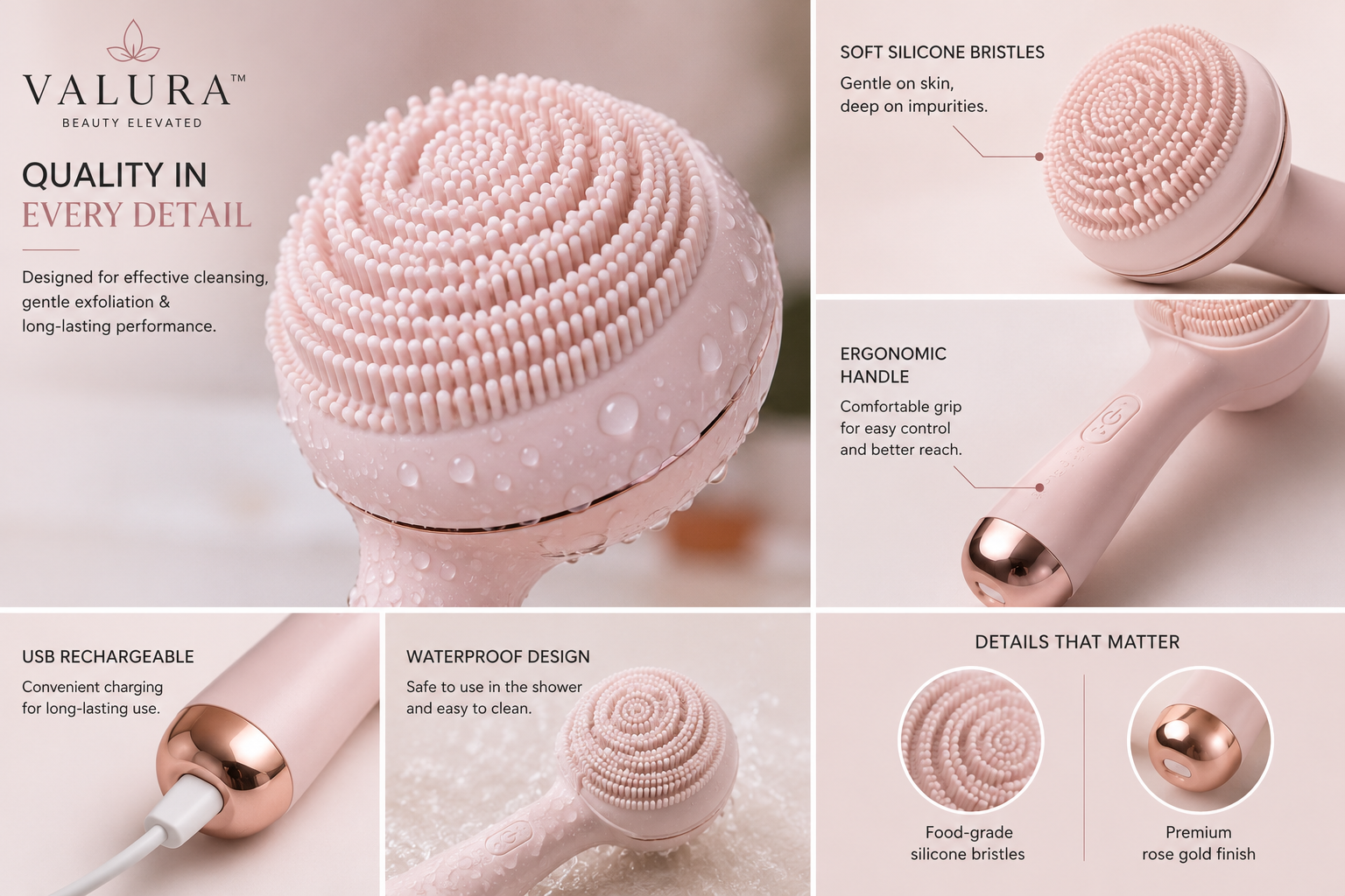 A pink and rose gold facial cleansing brush shown in a multi-panel marketing graphic with feature callouts including soft silicone bristles, ergonomic handle, waterproof design, USB rechargeable, and food-grade silicone bristles.