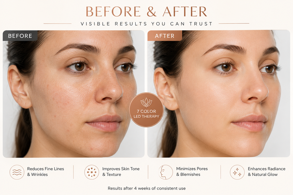 Before and after skincare comparison graphic showing a woman's face with natural skin in the 'Before' panel and smoother, brighter skin in the 'After' panel. The graphic includes text reading 'BEFORE & AFTER', 'VISIBLE RESULTS YOU CAN TRUST', and feature icons and text for reducing fine lines, improving skin tone and texture, minimizing pores, and enhancing radiance.