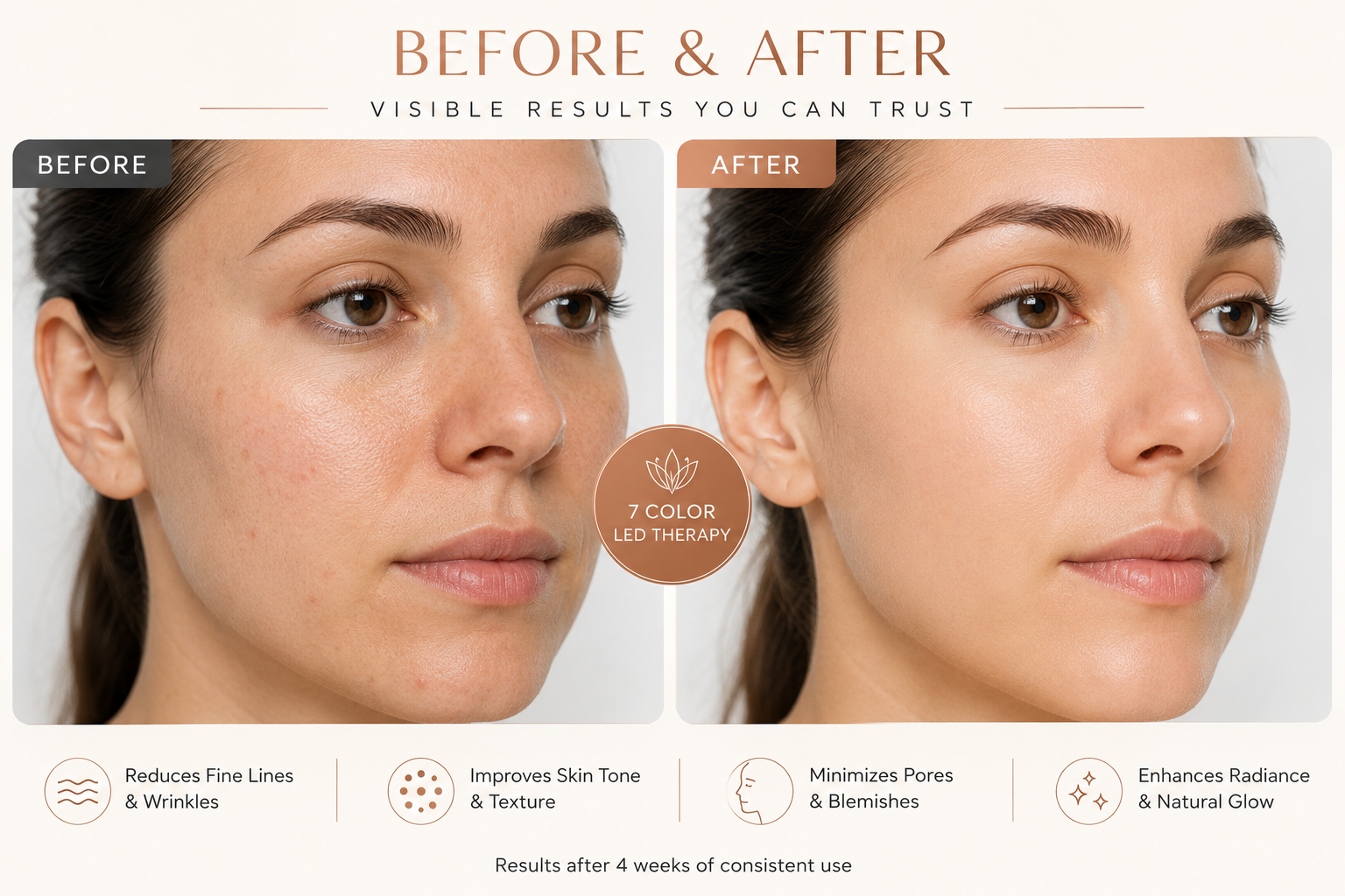 Before and after skincare comparison graphic showing a woman's face with natural skin in the 'Before' panel and smoother, brighter skin in the 'After' panel. The graphic includes text reading 'BEFORE & AFTER', 'VISIBLE RESULTS YOU CAN TRUST', and feature icons and text for reducing fine lines, improving skin tone and texture, minimizing pores, and enhancing radiance.