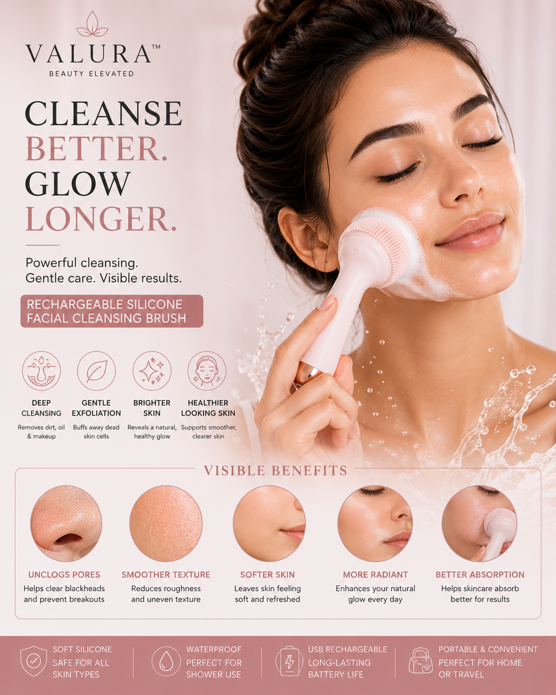 A Valura Beauty Elevated Cleanse Better Glow Longer facial cleansing brush promotional graphic. The ad features a woman with a clean face applying cleansing cream, alongside product details, icons, and visible skin benefit illustrations.
