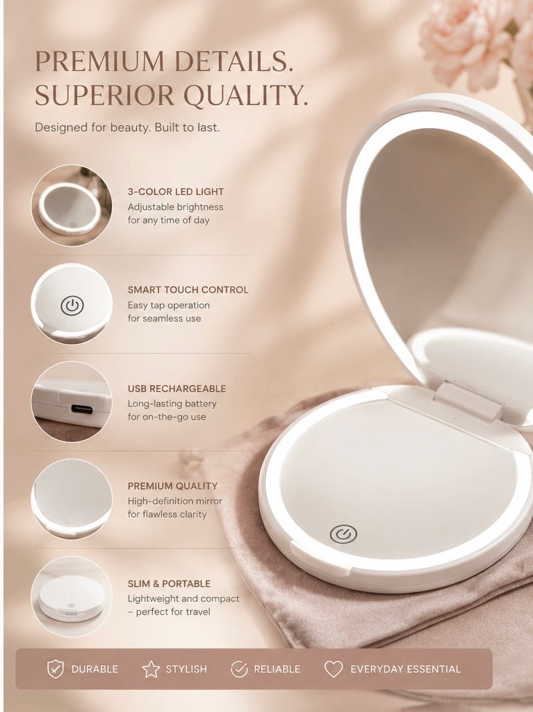 An open white LED ring light makeup compact shown on a soft beige background with feature callouts and text describing its 3-color LED light, smart touch control, USB rechargeable battery, premium quality mirror, and slim portable design.