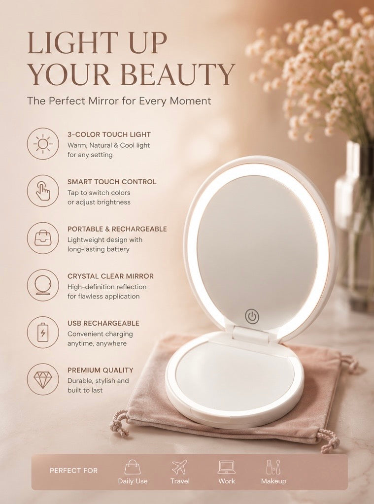 An open LED vanity mirror with a built-in cushion and fabric cover, shown on a beige background with decorative dried flowers and text highlighting features such as touch color light, smart touch control, portable rechargeable design, and crystal clear mirror.