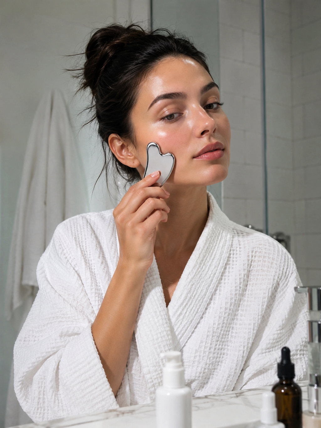 A woman in a white waffle-knit bathrobe uses a silver heart-shaped facial massage tool on her cheek in a bright bathroom setting.