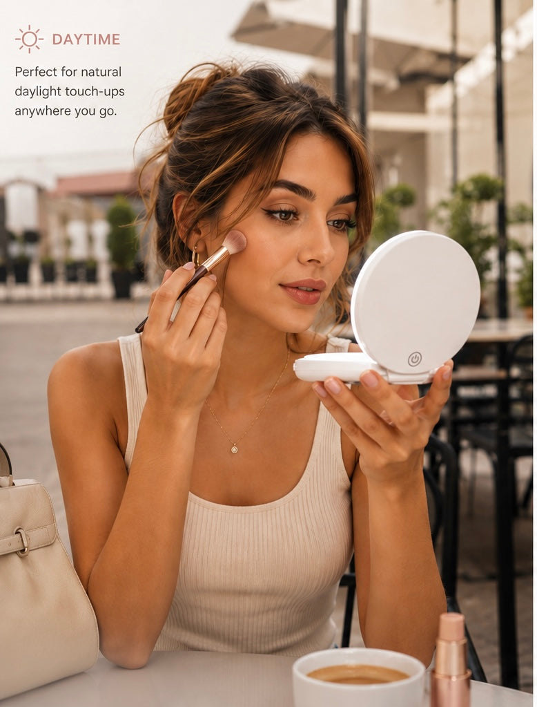 A woman in a ribbed cream tank top uses a white circular compact mirror and makeup brush while sitting at an outdoor cafe table. The image includes a text overlay in the top-left corner reading 'DAYTIME Perfect for natural daylight touch-ups anywhere you go.