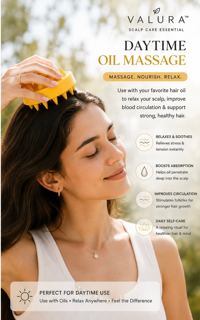 A promotional graphic for Valura Daytime Oil Massage, showing a woman outdoors with a yellow scalp massager on her hair. The right side contains product text, benefits, and usage information on a blurred green background.