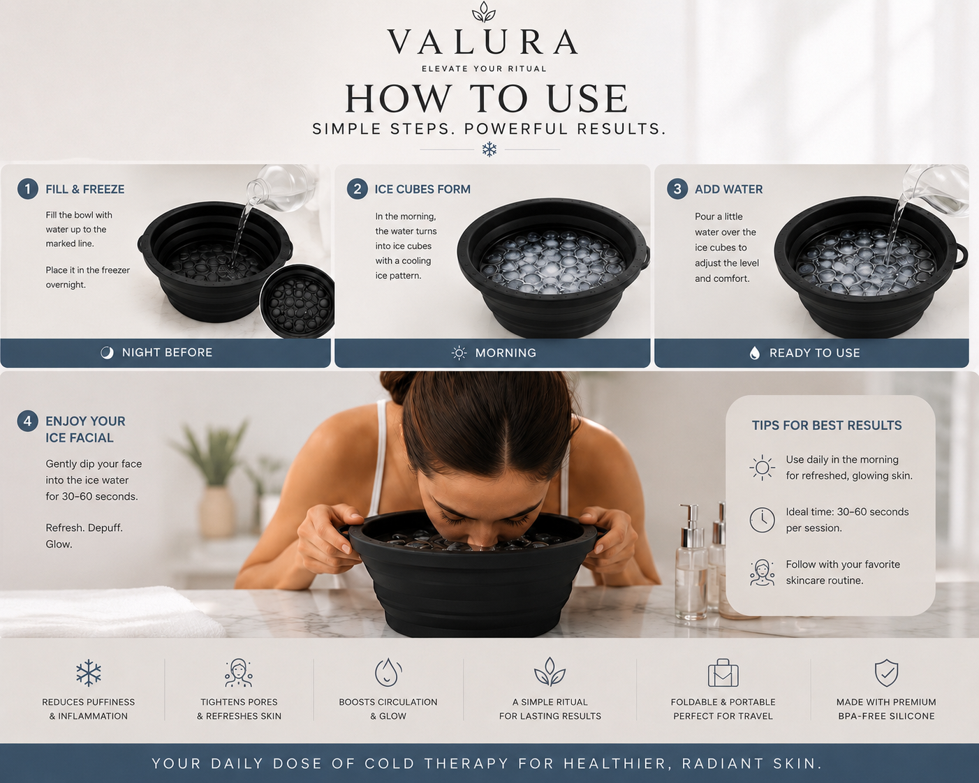 An infographic titled 'VALURA COLD THERAPY HOW TO USE' explains how to make and use a facial ice pack, featuring step-by-step diagrams, a lifestyle photo of a woman using the product, and product details at the bottom.