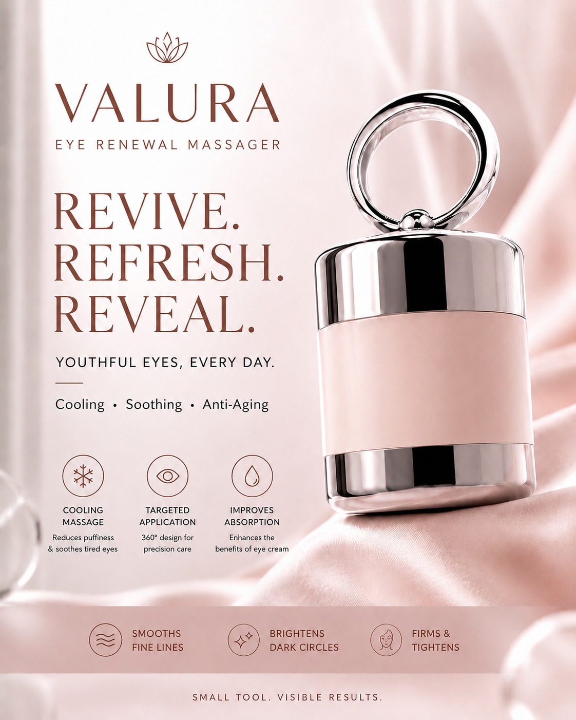 Valura Eye Renewal Massager promotional graphic featuring a cylindrical eye cream bottle with a metallic silver cap and handle on a soft pink satin background, alongside product benefits and text.