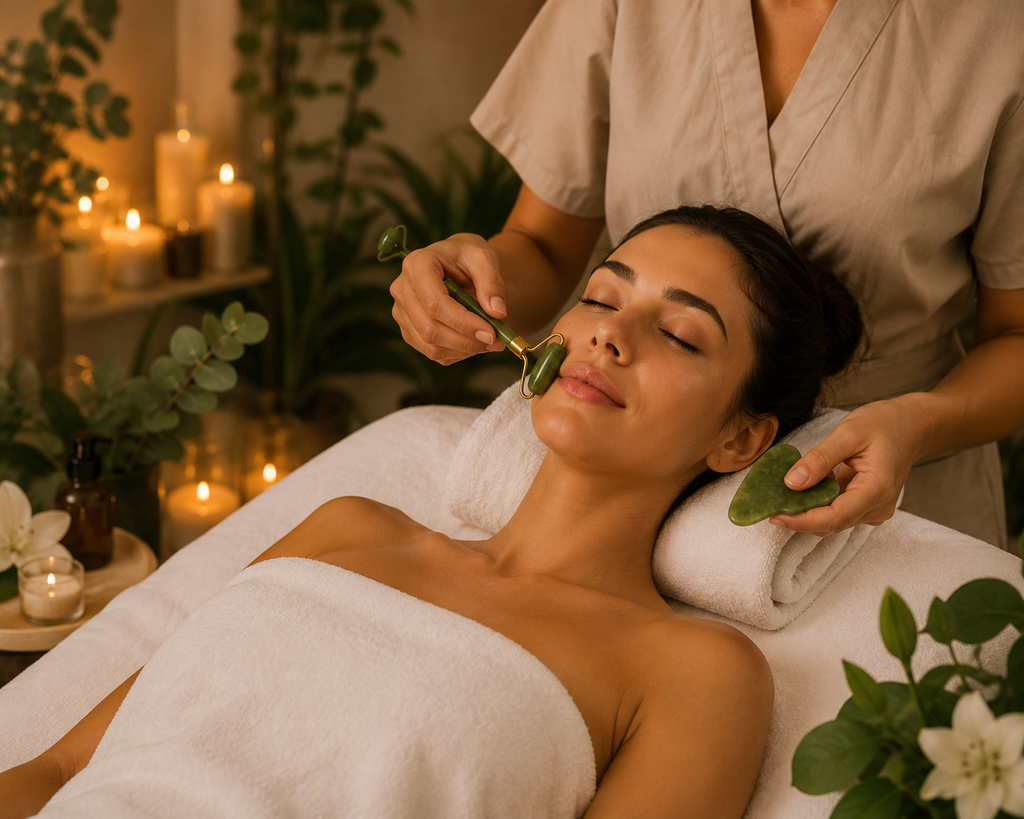 A woman lies on a spa treatment table while a practitioner uses green leaf tools on her face and neck in a warmly lit spa setting with candles and plants in the background.