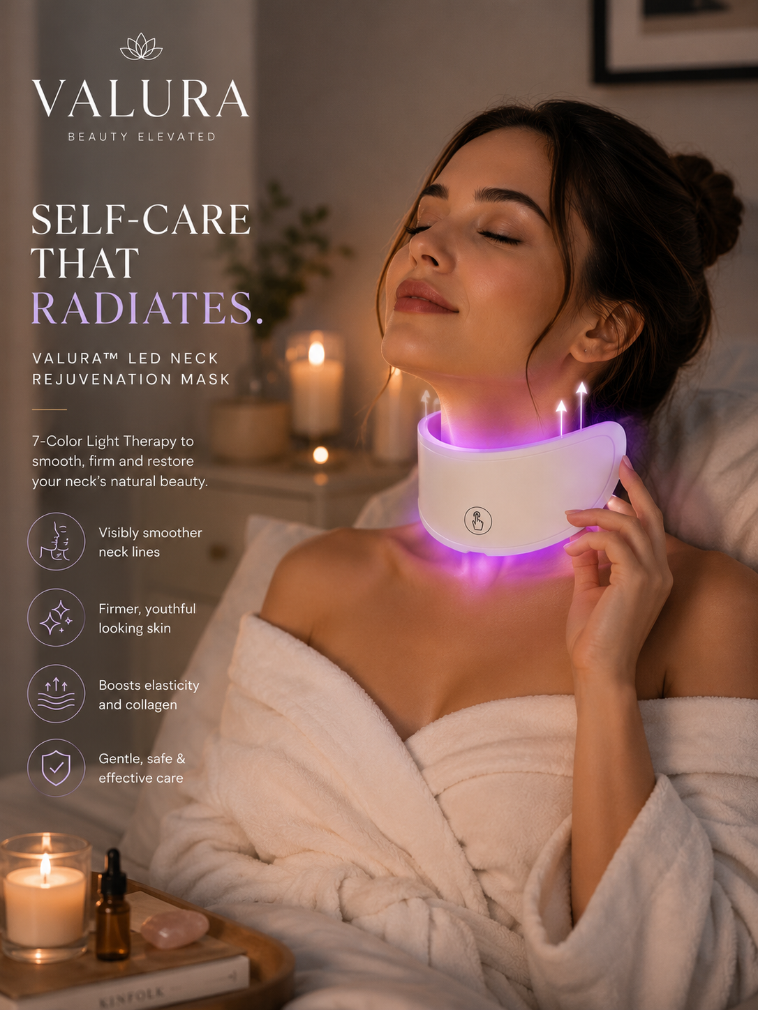 A woman wrapped in a white robe lies in bed using a Valura LED neck rejuvenation mask that glows with purple light around her neck. Text on the left describes the Valura Beauty Elevated self-care mask and its benefits.