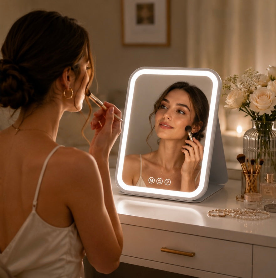 A woman applies makeup while looking into a lit vanity mirror on a white dresser in a warmly lit room. The mirror has a rounded rectangular shape with a built-in light frame and small control icons on the lower left.