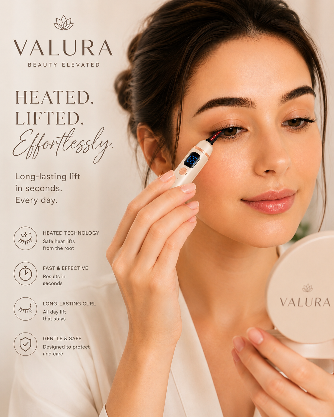 A woman in a white robe applies a VALURA beauty device to her upper eyelash area while holding a round VALURA compact mirror. The left side features product text reading 'VALURA BEAUTY ELEVATED' and 'HEATED.
