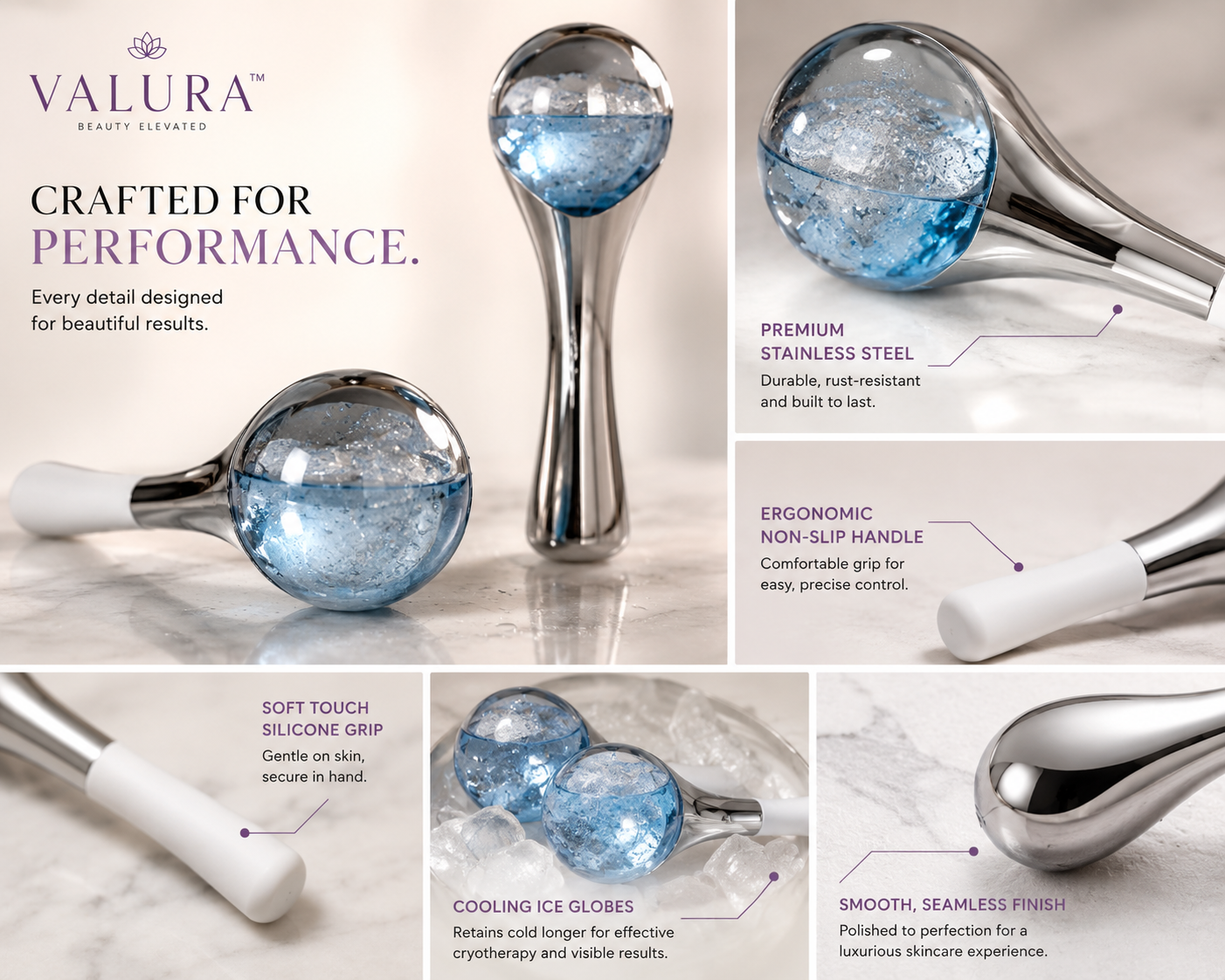 A 5-panel promotional collage for the Valura Beauty Devices CryoSting, showing the product from multiple angles with text callouts highlighting premium stainless steel, ergonomic non-slip handle, soft touch silicone grip, cooling ice globes, and smooth seamless finish.