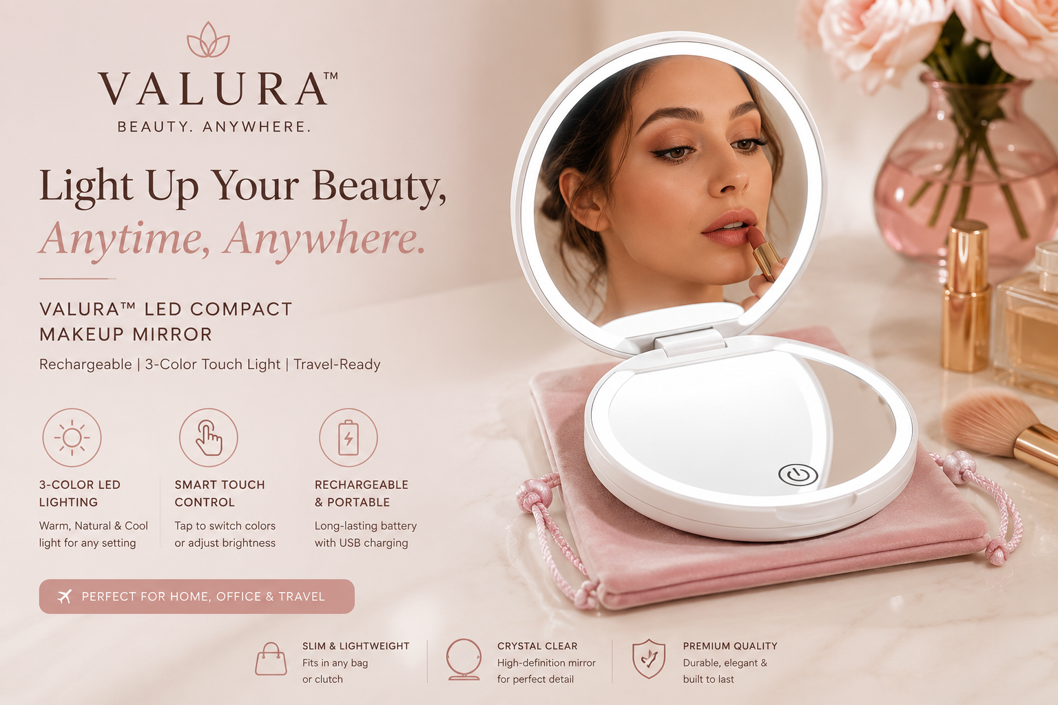 An open Valura LED compact makeup mirror with a built-in light, shown on a pink zip case with a woman's face visible in the circular mirror. The ad includes marketing text, icons, and cosmetic props on a soft beige background.