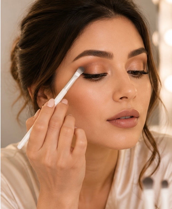 A close-up of a woman applying eyeshadow with a white makeup brush, wearing a satin robe in a softly lit indoor setting.