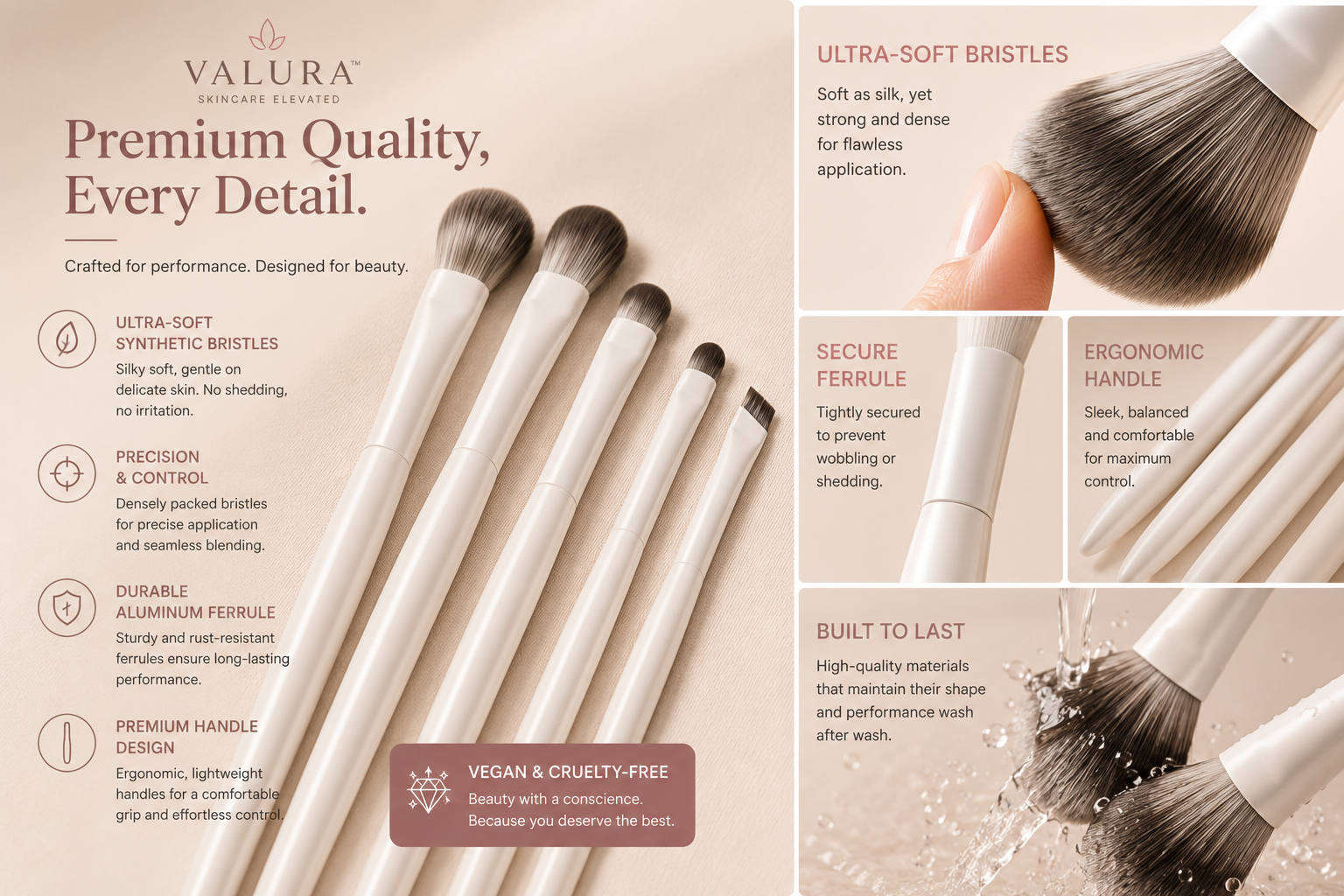 A Valura Premium Quality synthetic makeup brush set shown in a beige promotional layout with feature callouts and close-up detail photos of the brushes.