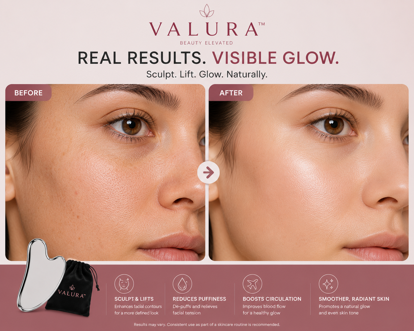 Promotional graphic for Valura Beauty Elevated showing a before-and-after facial treatment result, with close-up photos of a woman's face, text reading 'Real Results. Visible Glow.