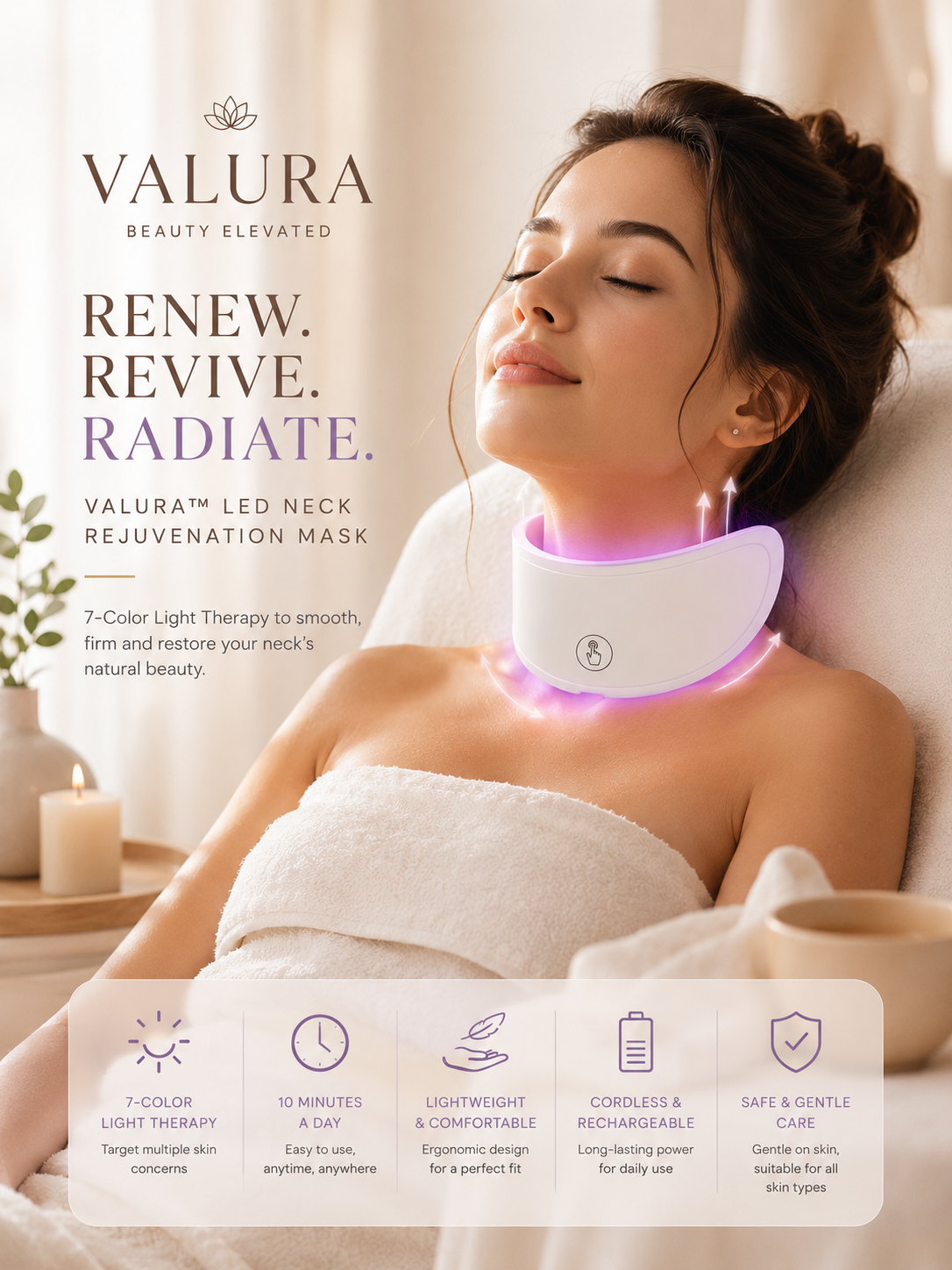 A woman lying down with her eyes closed, wearing a white VALURA LED neck rejuvenation mask around her neck that glows with pink and purple light therapy. The image includes promotional text and a feature summary banner at the bottom.
