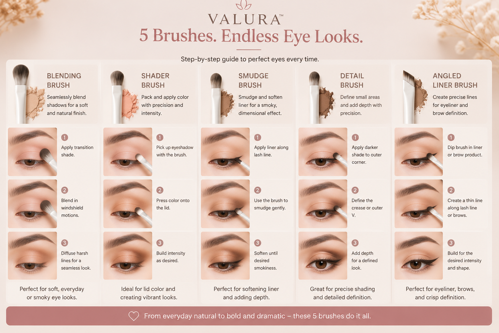 A ValuRúa 5 Brushes Endless Eye Looks infographic showing a step-by-step guide with ten different eye makeup brushes, labeled with names like Blending Brush, Shader Brush, Smudge Brush, Detail Brush, and Angled Liner Brush, each accompanied by text instructions and before/after eye makeup swatches.
