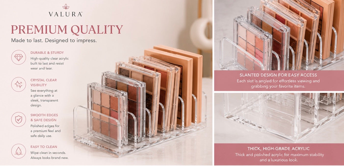 A Valura premium acrylic makeup organizer shown in two views on a soft beige background. The left view shows several makeup palettes arranged inside the clear organizer with marketing text on the left.
