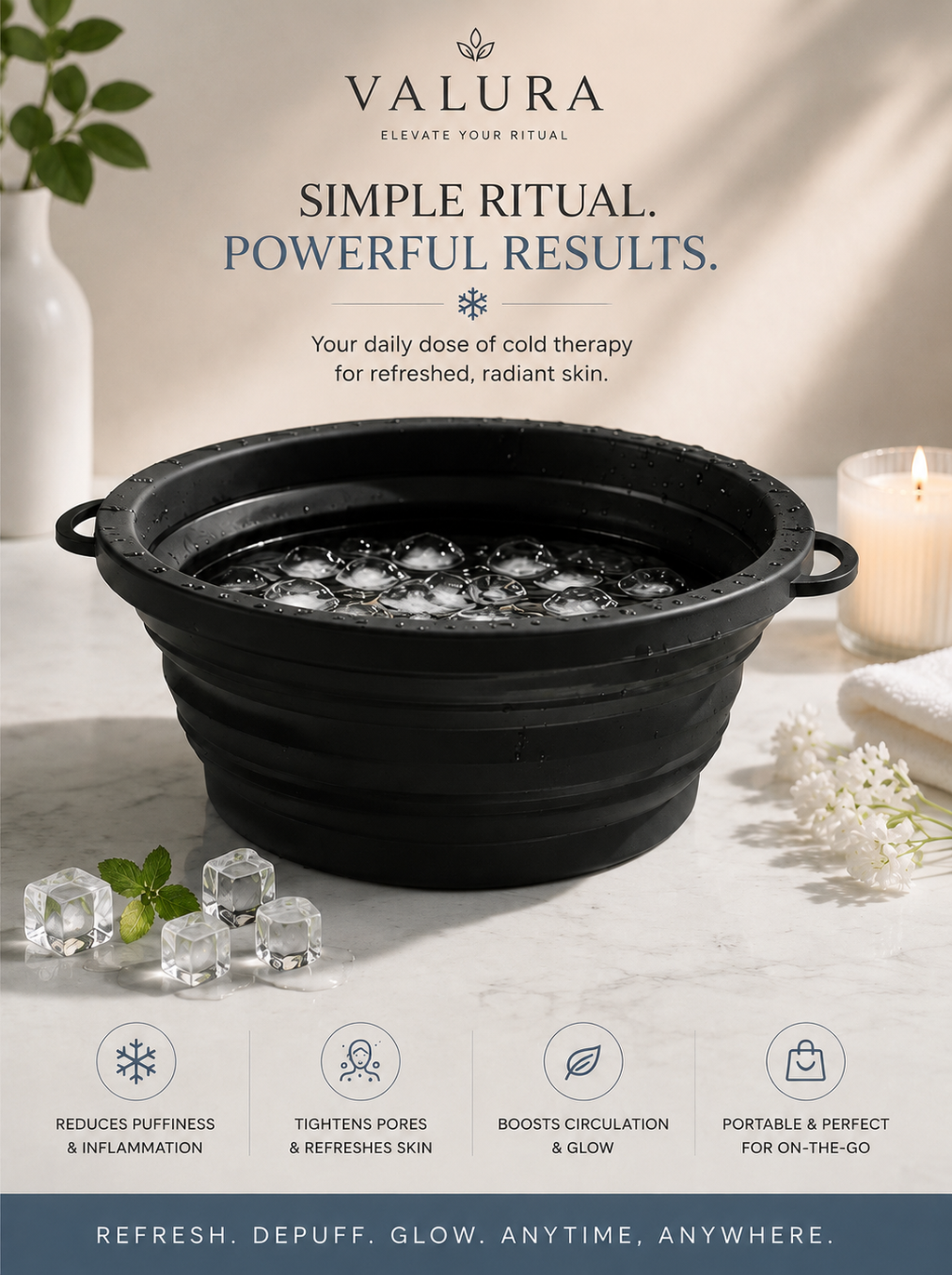 A black silicone bath/spa bowl filled with ice, styled on a marble surface with a lit candle, flowers, and the Valura brand text and feature callouts above and below.