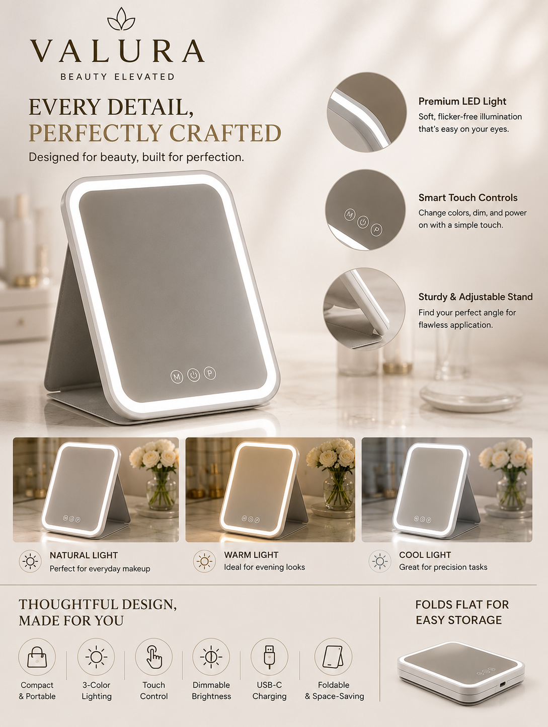 A Valura LED makeup mirror shown on a beige promotional infographic background with feature callouts, circular detail insets, and small usage examples. The product is a compact foldable mirror with a white front panel and a silver metallic stand, with a soft glowing light around the edges.