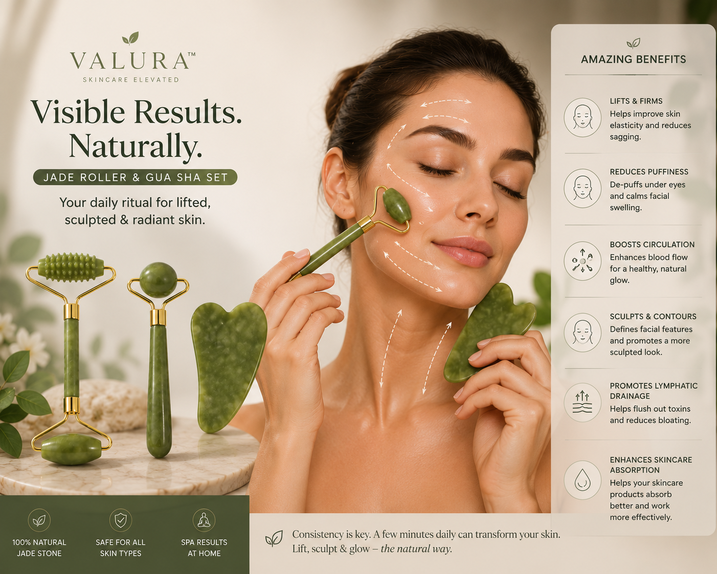 A promotional banner for the Valura Jade Roller & Gua Sha Set. It features a woman applying jade roller stones to her face, alongside two jade stones with gold-toned handles, a close-up of the jade roller, and a list of benefits on the right.