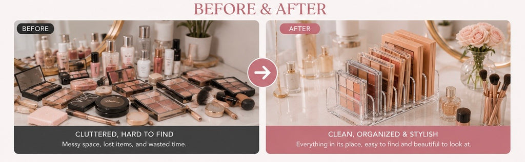 Before and after comparison graphic showing a messy, cluttered makeup vanity on the left labeled 'BEFORE' and a clean, organized makeup organizer setup on the right labeled 'AFTER'.
