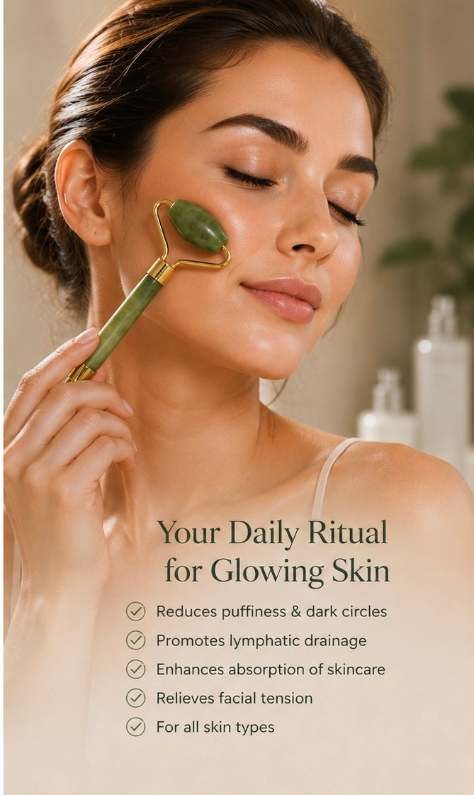 A woman with closed eyes uses a green and gold facial roller on her cheek in a softly lit bathroom setting. Text on the image reads, 'Your Daily Ritual for Glowing Skin' with a checklist of skin benefits.