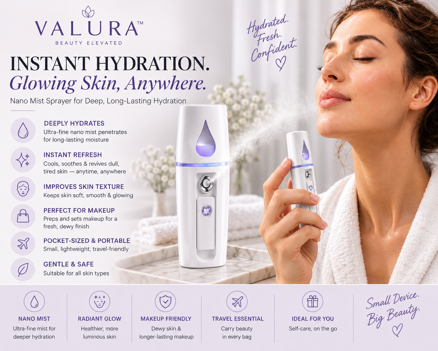 A promotional ad for Valura Instant Hydration Nano Mist Sprayer, showing a woman holding the white and purple device next to its packaging, with text highlighting benefits like deep hydration and glowing skin.