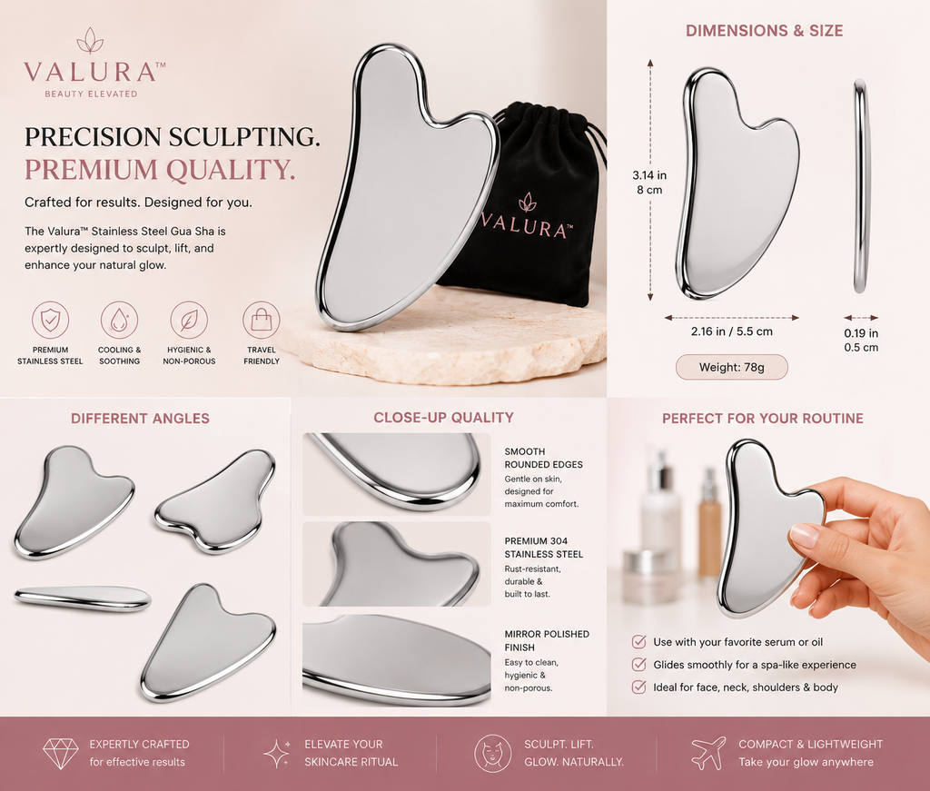 A Valura Beauty Glow precision sculpting glow shea set, featuring multiple stainless steel gua sha tools shown in a multi-panel infographic with dimensions, close-up quality, different angles, and usage benefits. A hand is shown holding one of the shea tools on the right side.